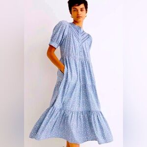 Madewell Embroidered Puff-Sleeve Midi Dress Cottage Garden Blue Floral Pattern M